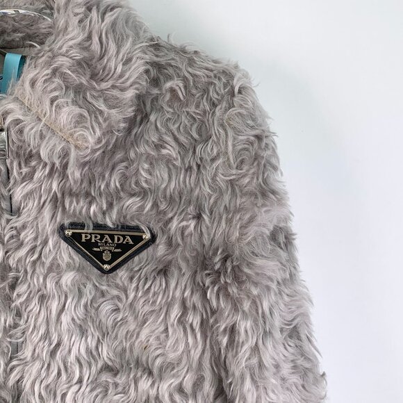 Prada Womens Gray Faux Fur & Knit Jacket With Triangular Logo Lapel Long Sleeves - Picture 7 of 8
